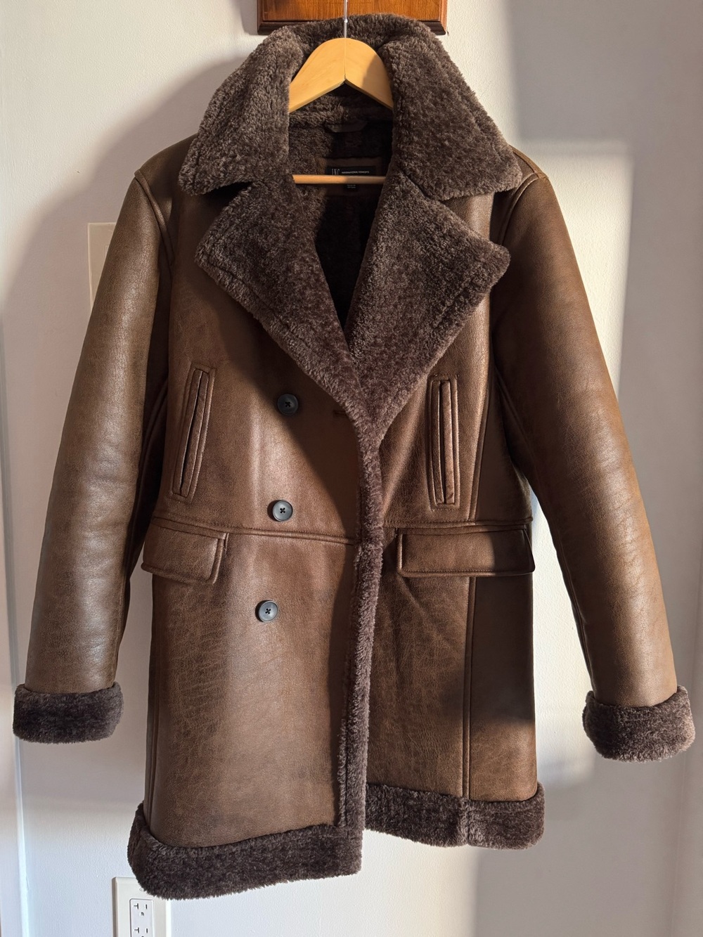 INC International Concepts Brown Faux Leather Double Breasted Shearling Jacket S
